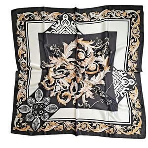 💖 2/$30 Square Satin oversized black Gold tone floral retro hair neck scarf